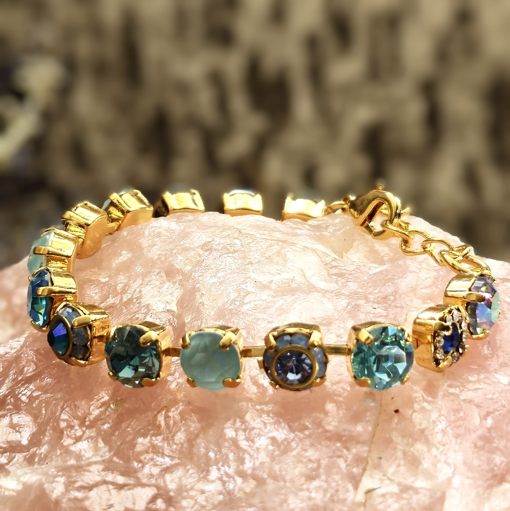 Aquamarine Light Blue Flower Crystals AB In Classic Tennis Gold Plated Bracelet - Picture 4 of 7